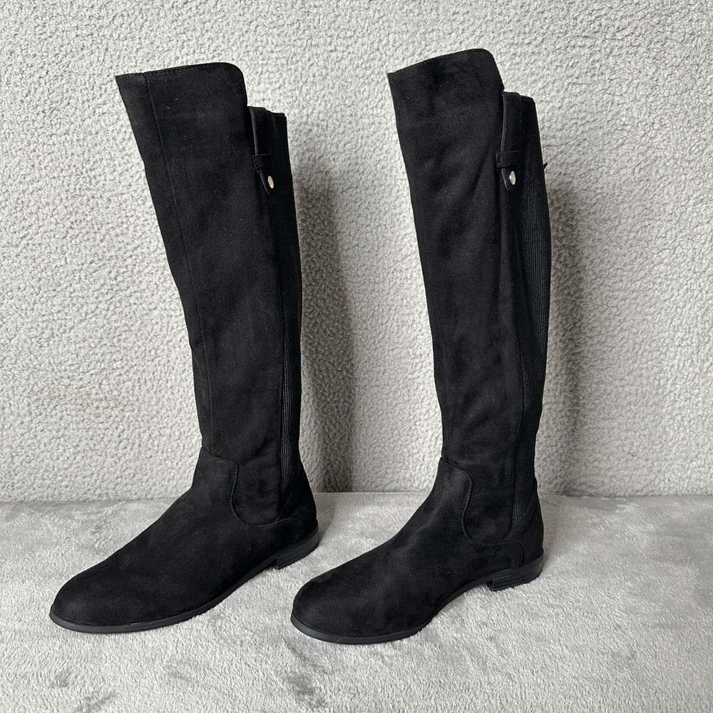 Kenneth Cole Reaction WES Stretch Back‎ Black Knee Boots Womens 6.5M Flat Zip